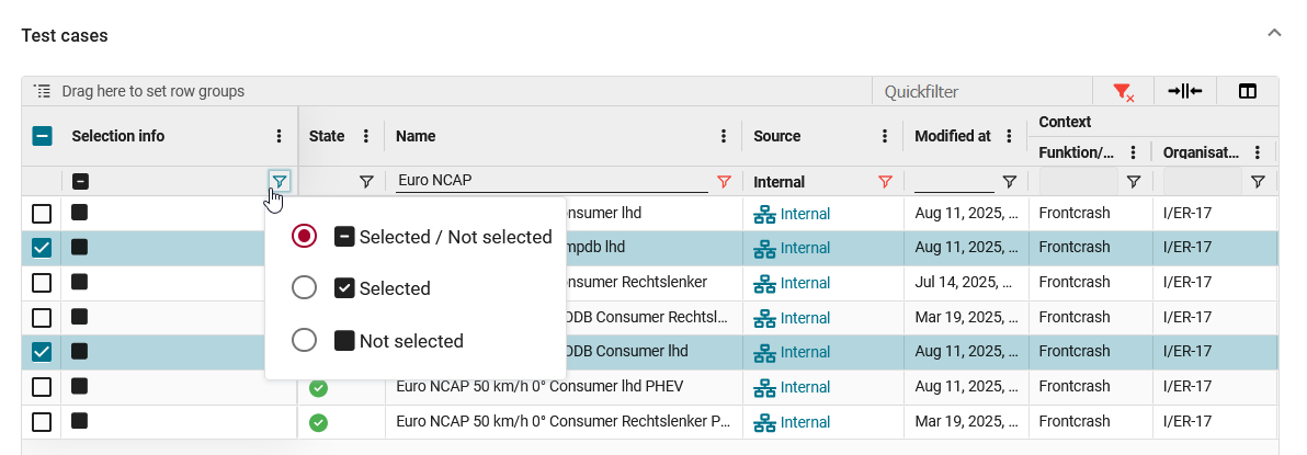Area for selecting test cases image