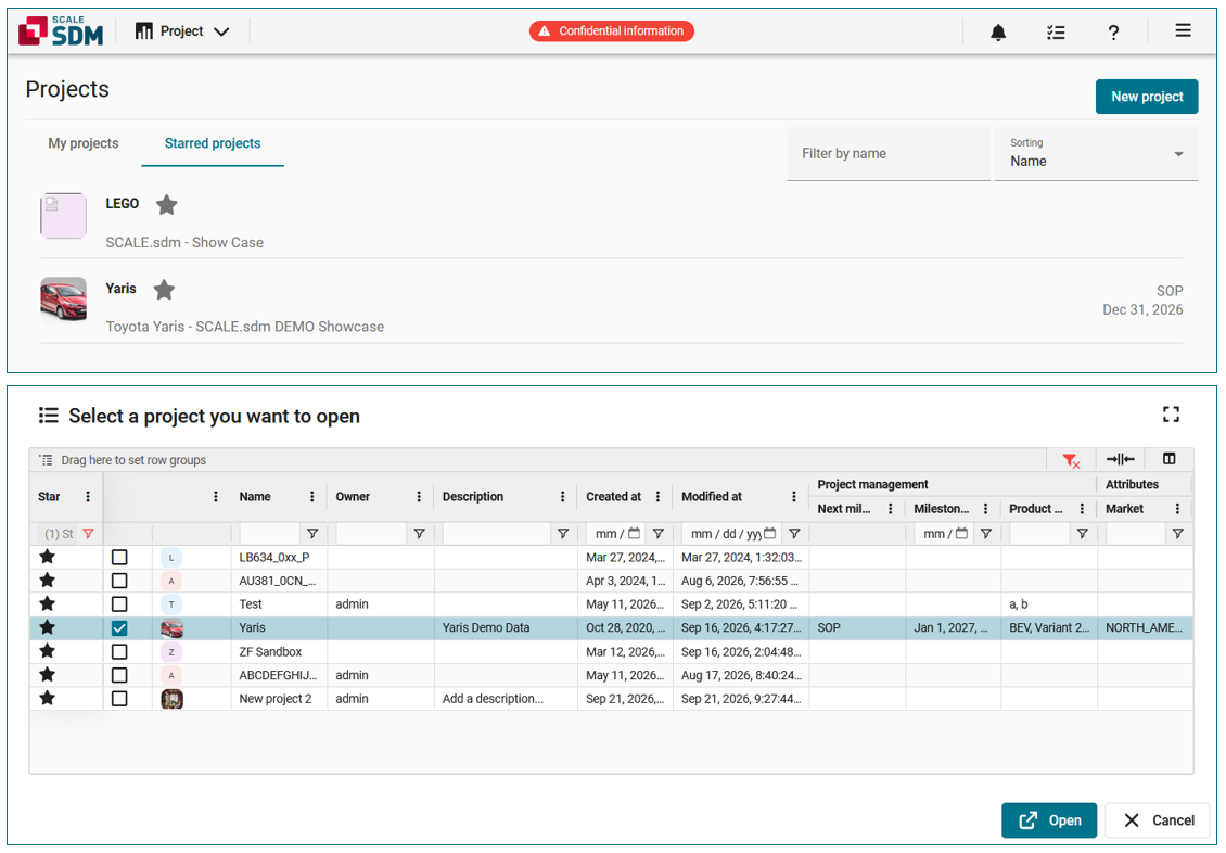Comparison of the old project list (upper image) and new project list (lower image) image